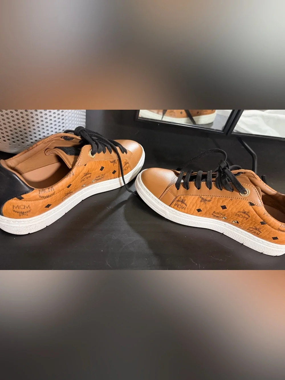 MCM Cognac Brown Logo Low-Top Sneakers with Black Laces